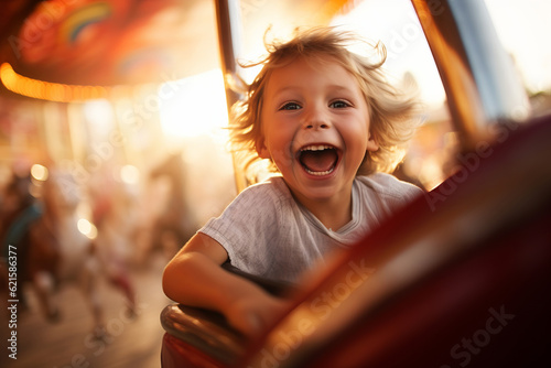 A happy excited young child riding on an exciting theme park fairground ride