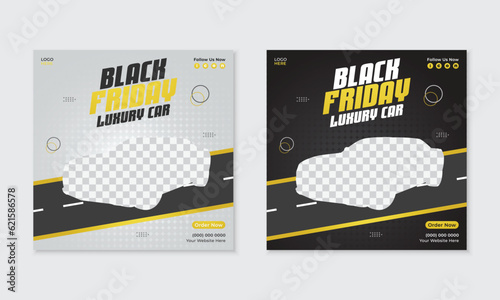Black Friday car social media post design, business promotion advertising marketing design, square ad web banner template, 2 colour set bundle, sale post