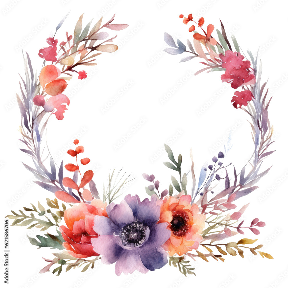 Watercolor flower wreath for wedding or birthday card
