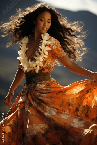 Hawaiian beauty dancing in an orange dress created with generative AI