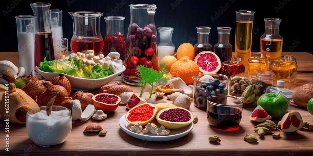 Generative AI. Synthetic food from laboratories. Synthetic meat and food made in laboratories 3d illustration concept. Laboratories concept. Generative AI. Synthetic food from laboratories. Synthetic meat and food made in laboratories 3d illustration concept. Laboratories concept.