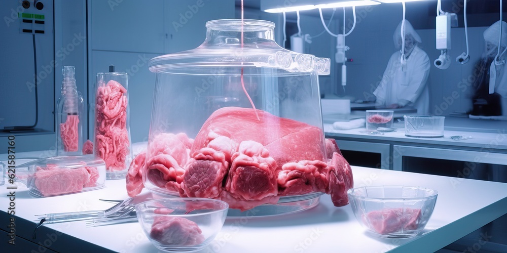 Generative AI. Synthetic food from laboratories. Synthetic meat and