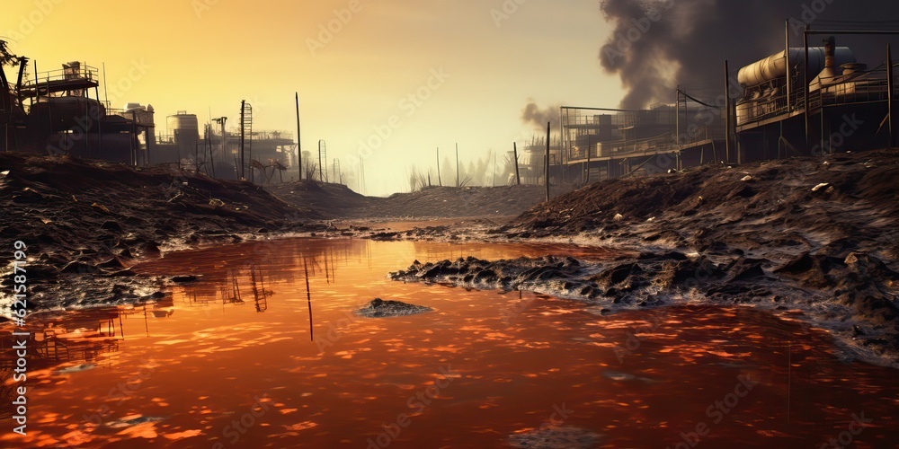 Generative AI. Polluted landscape. Apocalyptic landscape with dirty water and piles of trash. Wastes concept