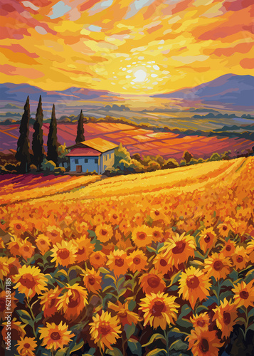 Rural field at sunset with sunflowers created with generative ai technology 