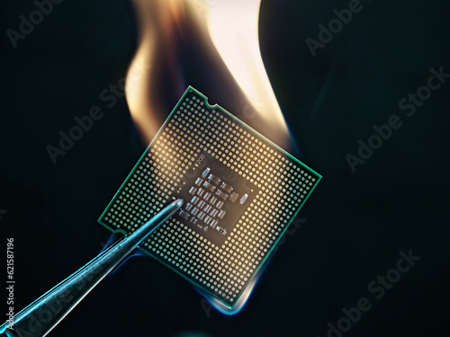  Processor Microchip. Оverheated burning processor. concept of computer. CPU on fire after overclocking