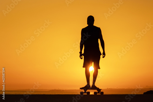 Silhouette of a man showing a shaka and holding a skateboard at sunset
