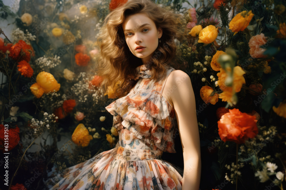 portrait of a woman/model/book character surrounded by flowers in daylight with a thoughtful expression in a fashion/beauty editorial magazine style film photography look - generative ai art - obrazy, fototapety, plakaty 
