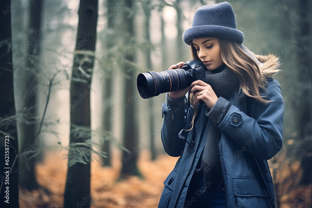 Beautiful girl in a hat with a camera in the autumn forest ai generated