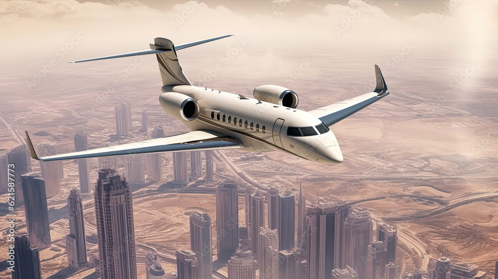Fototapeta premium Business jet airplane flying over desert city and sea coastline.