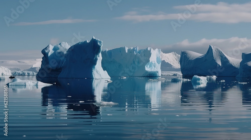 Errera Channel with drifting icebergs and ice floes on a sunny day. Generative Ai