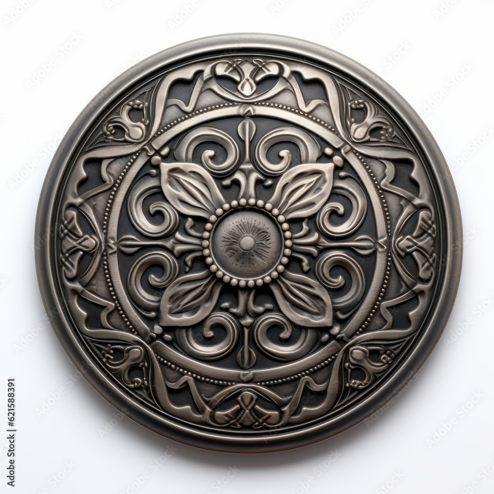 flat metal disk with intricate carving laying flat on a white background