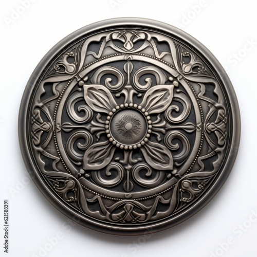 flat metal disk with intricate carving laying flat on a white background