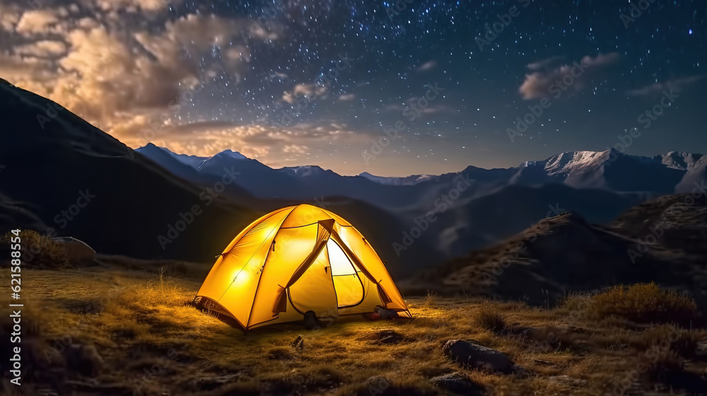 Illuminated tent on hills, bright light of camping on background. Generative ai