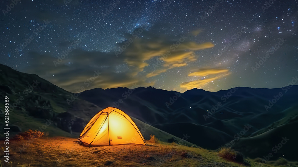 Beautiful camping tent at night. Generative ai