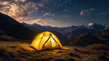 Illuminated tent on hills, bright light of camping on background. Generative ai