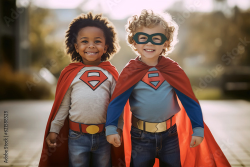 TWO CHILDREN IN SUPER HERO COSTUMES. AI ILLUSTRATION. COLOR. HORIZONTAL.