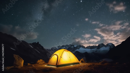 Yellow tent standing against starry sky in mountains. Generative ai