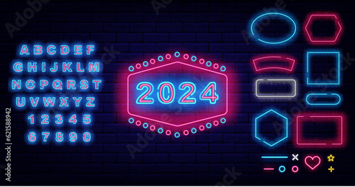 2024 neon label on brick wall. Vintage frame with circles. Simple shape. Shiny blue alphabet. Vector stock illustration