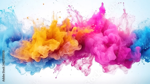Blue pink yellow color fluid splash glitter dust texture vapor. Generative ai © MdMaruf