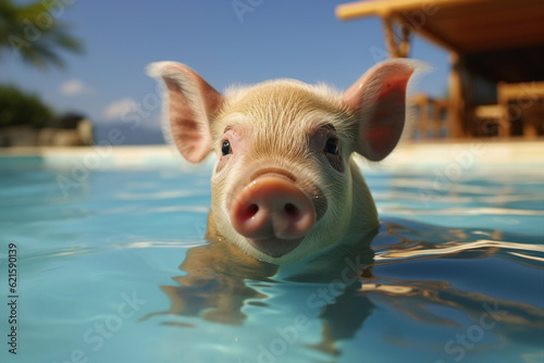 Travel agency advert collage generated by ai of cute little pig swimming in pool on tropical resort