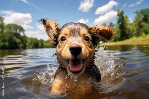 Generative ai collage of adorable puppy have fun leisure on summer vacation swimming river to his owner © deagreez