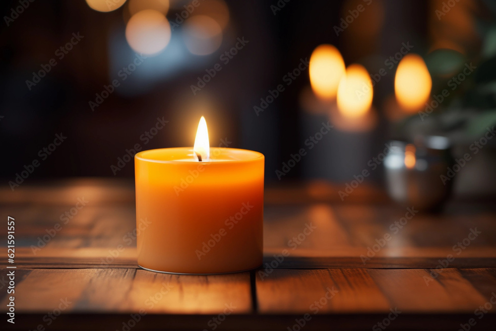 Candle flame flickering and casting a calming glow in a dimly lit room Candle flame flickering and casting a calming glow in a dimly lit room