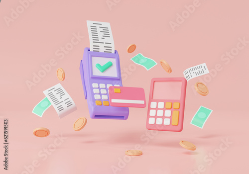 3d icon render illustration of Pos terminal and calculator. payment concept. electronic bill payment, invoice, online shopping, business and finances counting and managing, money transaction