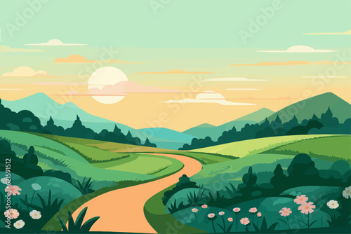 Road through a green field landscape scene at sunset  colorful summer vector illustration