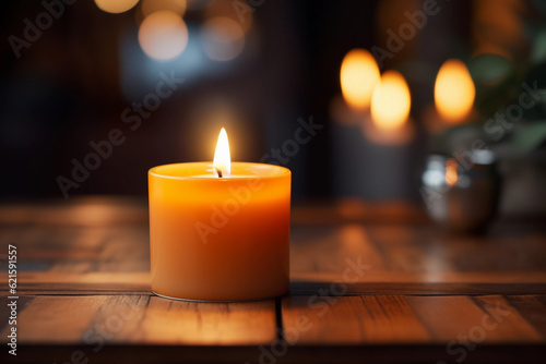 Candle flame flickering and casting a calming glow in a dimly lit room