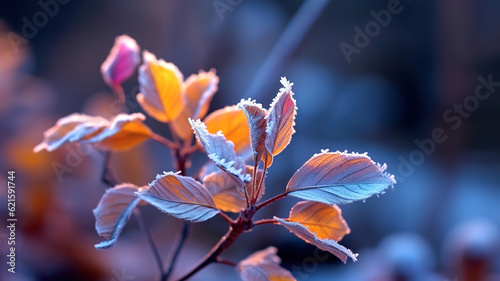Beautiful frozen plant with colorful blurry bokeh background. Generative ai © MdMaruf