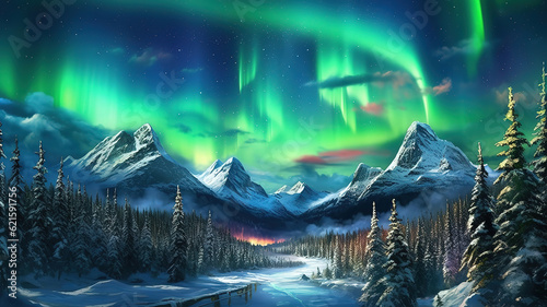 Aurora Borealis Green Loop Winter Alpine Mountain Forests Northern Lights. Generative ai