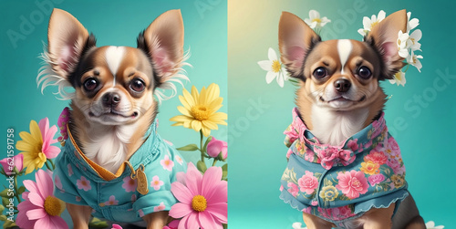 Set of cute dogs in clothes, hat and glasses. Background with flowers. Super realistic dog. Printing on a T-shirt, jacket, sweatshirt. Prints for clothes. Wallpaper, screensaver. Banner. AI