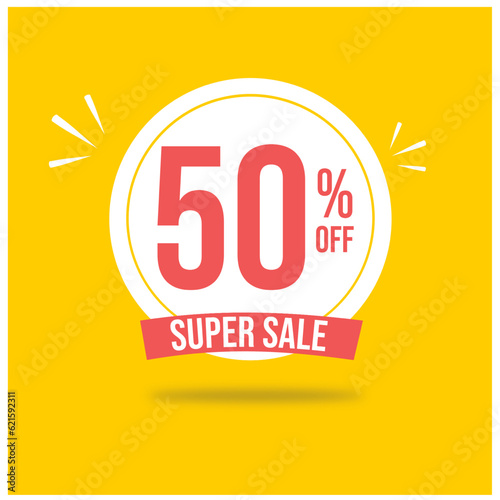 drawing 50% off promotion with yellow background with surplus at the base super promotion banner
