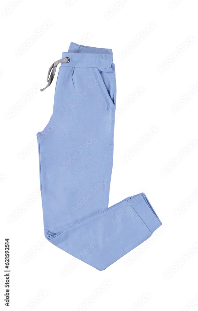 Folded blue trousers on an elastic band with gray cord. Isolated image on a white background. Nobody. 