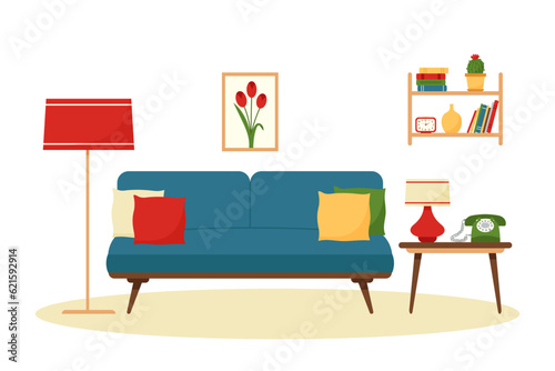 Vintage living room interior. Retro furniture set in 60s style. Flat vector illustration © Karelkart