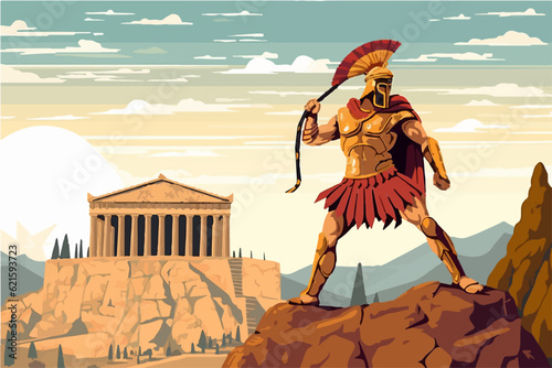 Spartan warrior and ancient Greek acropol in background. Greece, Athens illustration