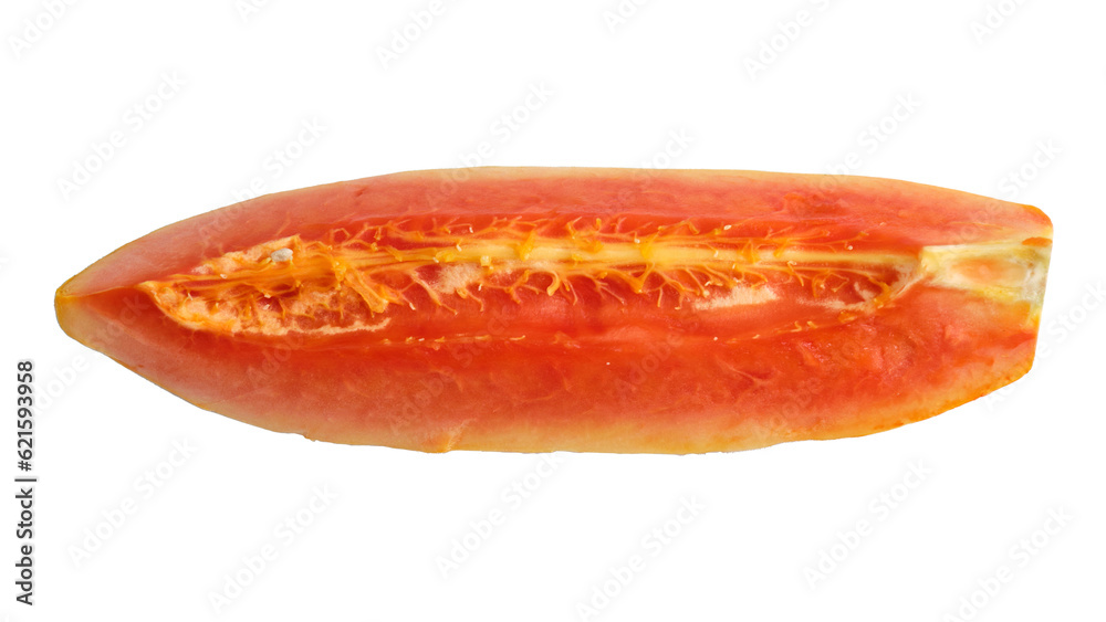 Close-up of sliced ripe papaya fruit in yellow-orange colors isolated on transparent background