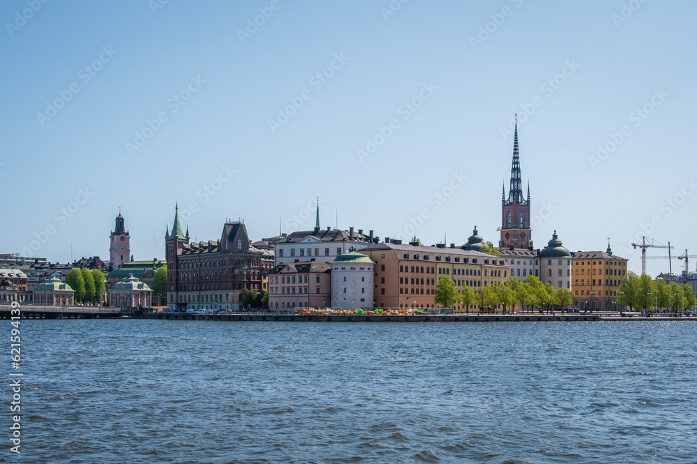 Riddarholmen skyline in Stockholm Sweden on summer windy summer day