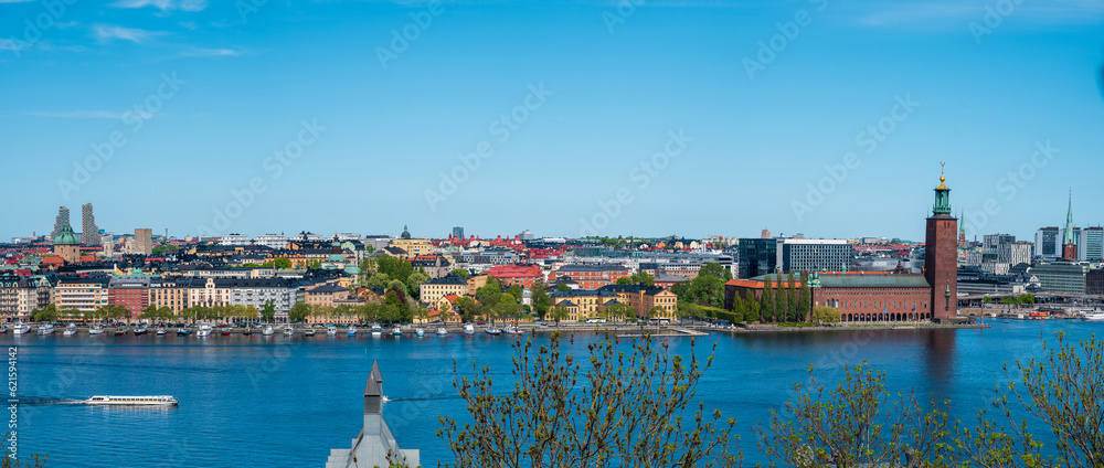 Stockholm city panorama on summer day with city hall (Stadshuset)