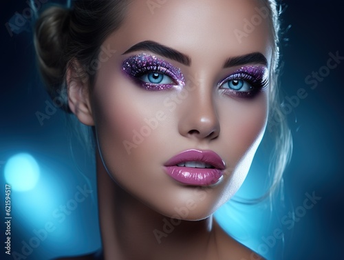 female glamour beauty with blue eyeliner and purple lip makeup