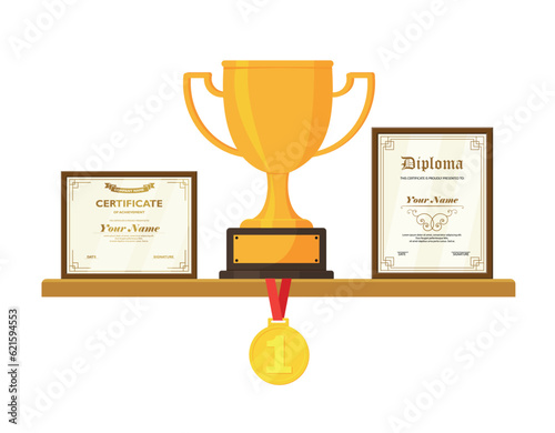 Golden trophy and awards on wooden shelf isolated on white background vector illustration