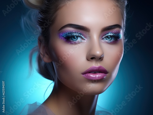 female glamour beauty with blue eyeliner and purple lip makeup