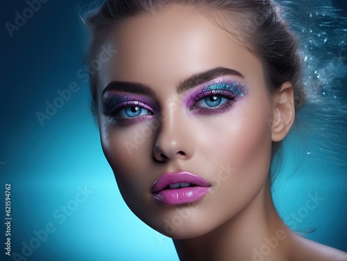 Tablou canvas female glamour beauty with blue eyeliner and purple lip makeup