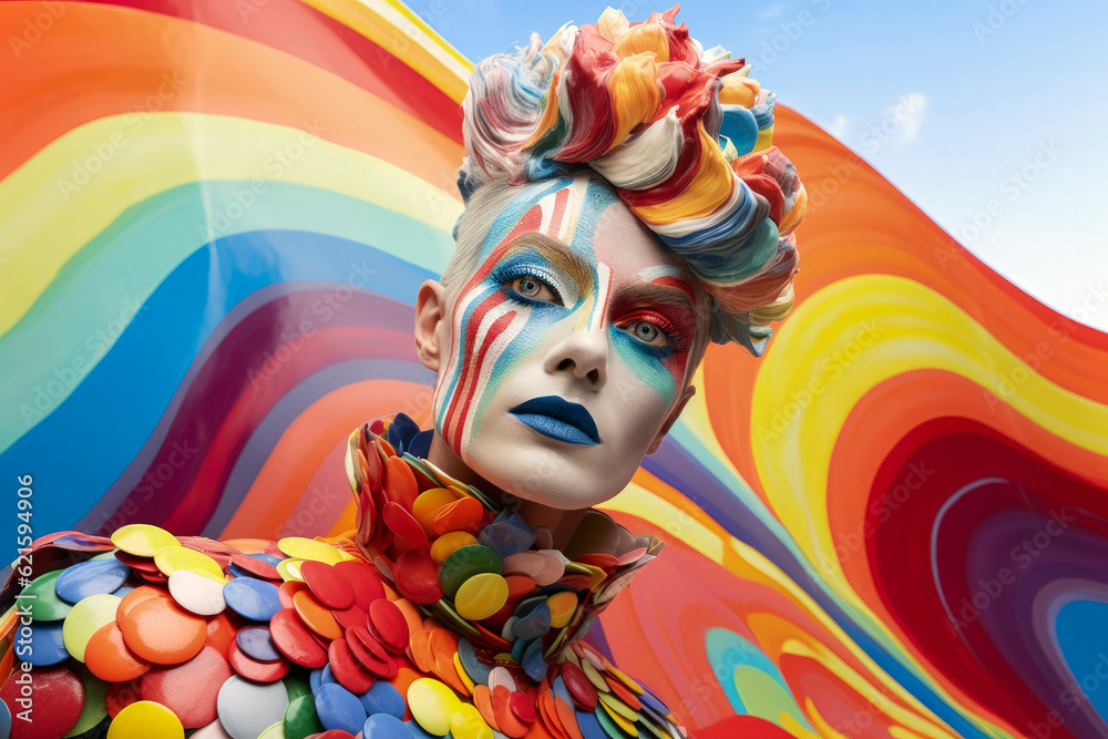 Generative AI illustration of a 55-year-old lesbian woman dressed and made up in haute couture with the colors of the rainbow Generative AI illustration of a 55-year-old lesbian woman dressed and made up in haute couture with the colors of the rainbow