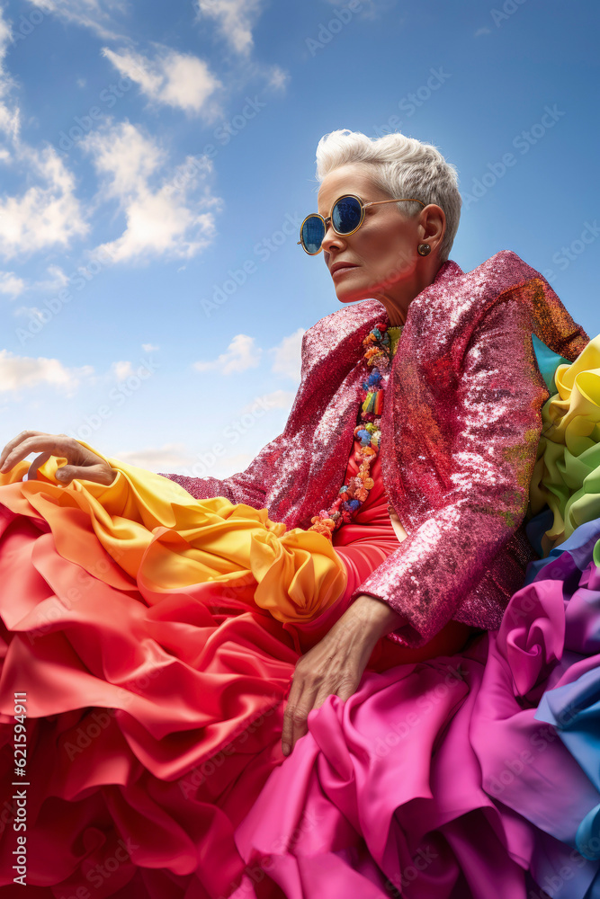 Fototapeta premium Generative AI illustration of a 55-year-old lesbian woman dressed and made up in haute couture with the colors of the rainbow