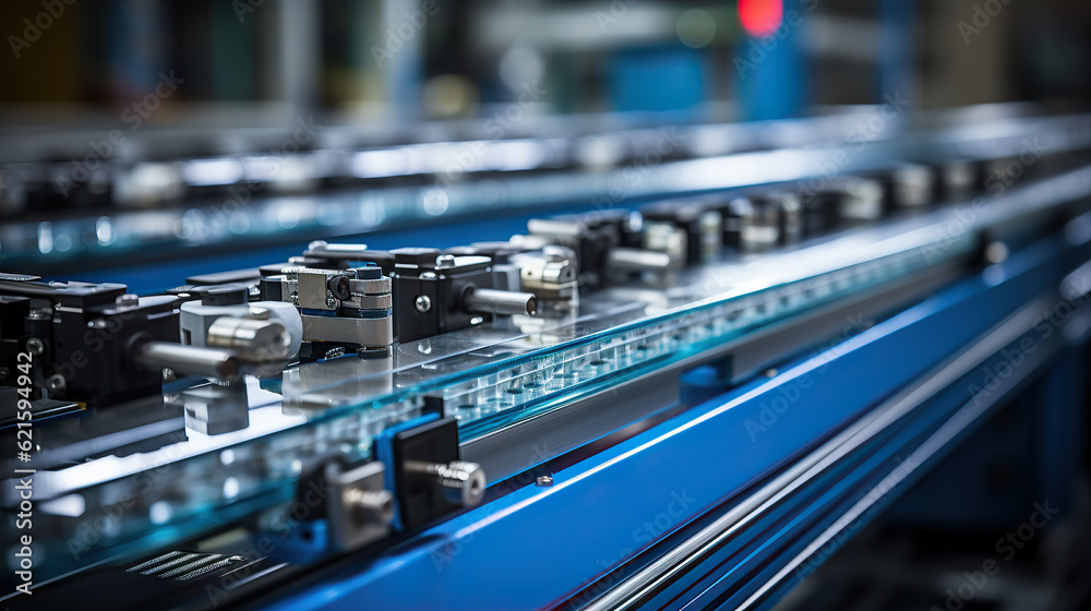 Modern factory background with conveyor belt of production line. Close up detail of industrial equipment. AI generative