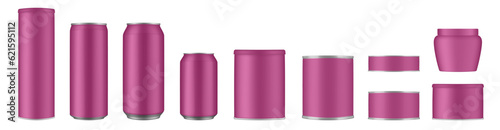 Set of purple tin cans and jars. Coffee or tea canister. Tin can for preserves or pet food. Beer, cocktail or soda can. Chips tube. Cookie jar. Round box for sugar or flour
