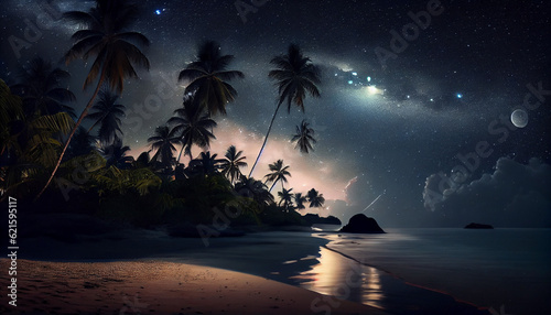 Tropical night summer beach, stunning seascape scene with starry sky, ocean and palm trees. Sea shore outdoor background. Vacation travel destinations