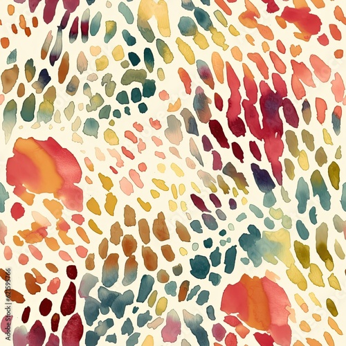 Watercolor seamless pattern with beautiful bright abstract leopard spots. Colorful animalistic texture for any kind of a design. Contemporary art. Trendy modern style. AI illustration..