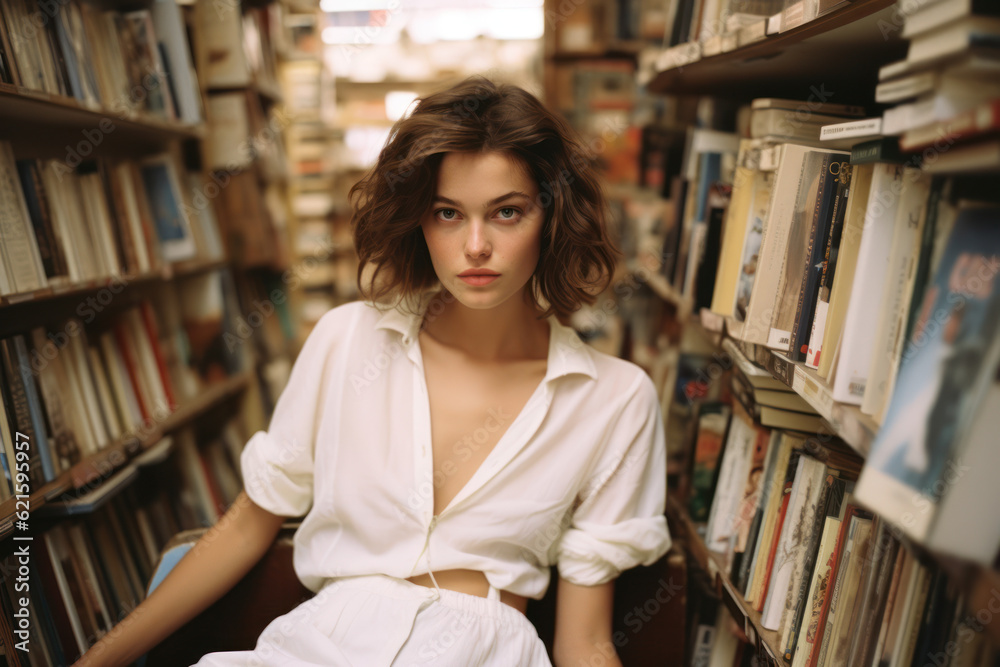 portrait of a woman/model/book character standing in a bookstore/library surrounded by books in in a fashion/beauty editorial magazine style film photography look - generative ai art portrait of a woman/model/book character standing in a bookstore/library surrounded by books in in a fashion/beauty editorial magazine style film photography look - generative ai art